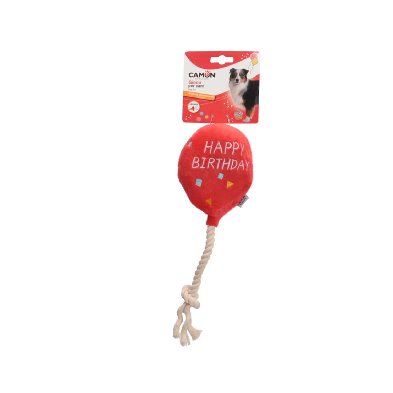 Camon Palloncino Happy Birthday in poliestere con inserto in corda e squeaker